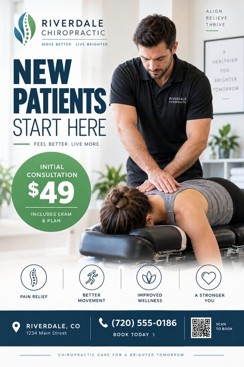 A flyer for Riverdale Chiropractic with a photo of a chiropractor treating a patient. Text reads 'New Patients Start Here' and offers an initial consultation for $49. Icons highlight pain relief, better movement, improved wellness, and a stronger.
