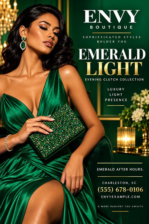 A luxurious flyer featuring a woman in a stunning emerald green satin dress holding a matching jeweled clutch. The text reads 'Envy Boutique, Emerald Light Evening Clutch Collection' with gold accents on a dark green background.
