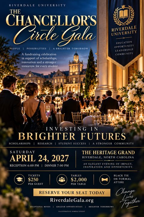Elegant navy blue and gold flyer for a fundraising gala. Features a photo of guests in formal attire at an outdoor evening dinner with a grand illuminated building in the background.