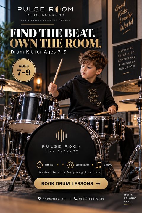 Flyer for Pulse Room Kids Academy drum lessons. Features a young boy playing a black drum kit. Text reads 'Find the beat. Own the room. Drum Kit for Ages 7-9'. Black background with gold text and accents.
