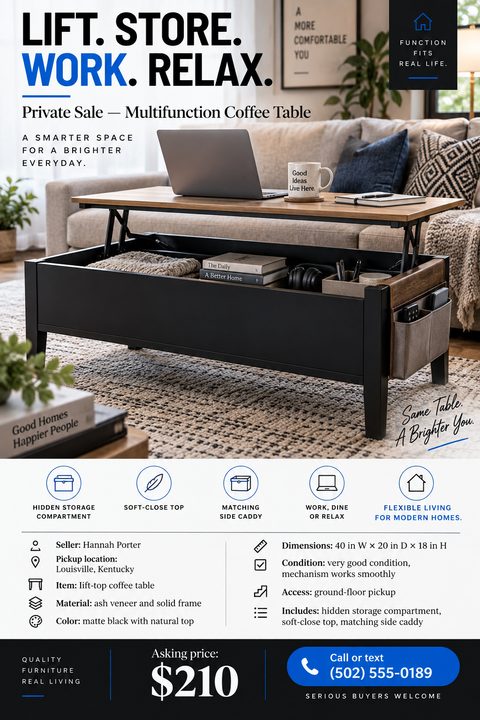 A modern private sale flyer for a coffee table. It features a large photo of the table, a row of feature icons, a detailed specification list, and a prominent asking price.