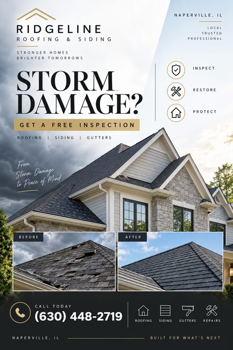 Roofing flyer template with a large photo of a house with a new roof, plus smaller before and after photos of a damaged and repaired roof. Text reads 'Storm Damage? Get a Free Inspection'.