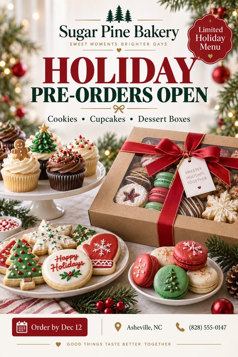 Holiday pre-orders flyer for a bakery featuring a festive spread of decorated cookies, cupcakes, and a gift box of macarons and cookies, with text 'Holiday Pre-Orders Open'.