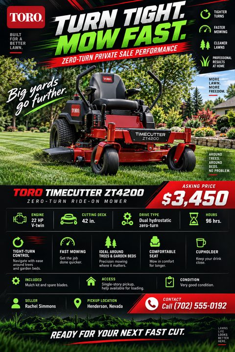 Flyer for a Toro TimeCutter ZT4200 zero-turn ride-on mower for sale. Features a large photo of the red mower on a lawn, asking price of $3,450, and detailed specifications like engine, cutting deck, and drive type.