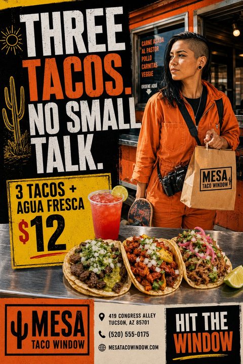 A bold, urban flyer for a taco stand featuring a person holding a takeout bag next to a food window. Below, three appetizing tacos and a red drink sit on a metal counter.