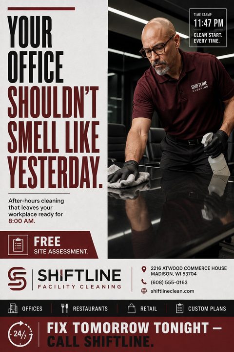 Split-layout flyer with a large photo of a man in a maroon polo shirt cleaning a black conference table. The left side features bold text "YOUR OFFICE SHOULDN'T SMELL LIKE YESTERDAY" on a light background.