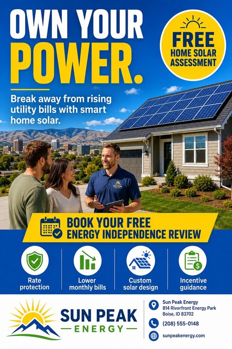 Flyer for a solar energy company featuring a photo of a representative talking to a couple in front of a house with solar panels. Text reads 'Own Your Power' and 'Free Home Solar Assessment'.