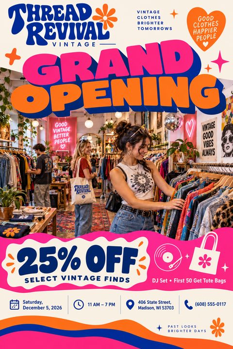 A vibrant grand opening flyer with bold, retro bubble letters in pink and orange. The center features shoppers browsing clothing racks in a vintage store. A wavy pink banner highlights a sale.