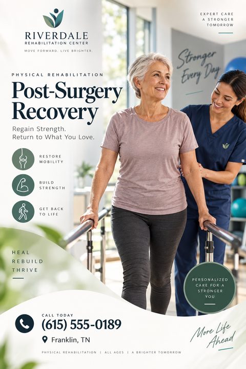 A flyer for a physical rehabilitation center titled 'Post-Surgery Recovery'. It shows an older woman walking with parallel bars, assisted by a female physical therapist in blue scrubs. The flyer includes icons for restoring mobility, building.
