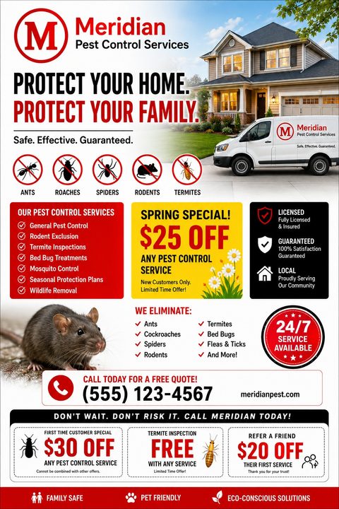 Pest control flyer template with a photo of a house and service van, a photo of a mouse, pest icons, service lists, and three tear-off style coupons at the bottom.
