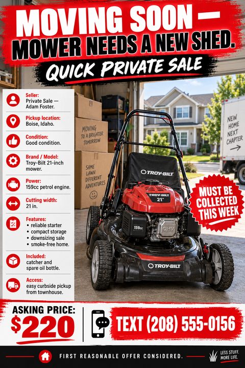 A bold private sale flyer featuring a large photo of a lawnmower, striking red and black text, a detailed feature list with icons, and a prominent asking price and contact number at the bottom.