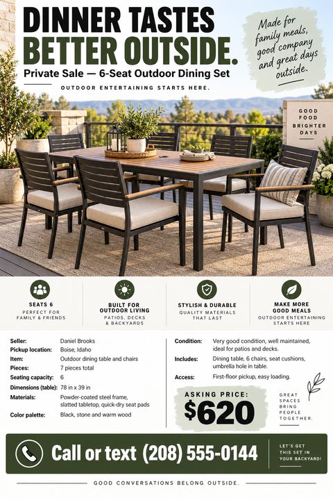 A private sale flyer for an outdoor dining set featuring a large photo of a patio table and chairs, feature icons, a detailed specifications list, and a prominent asking price and phone number.