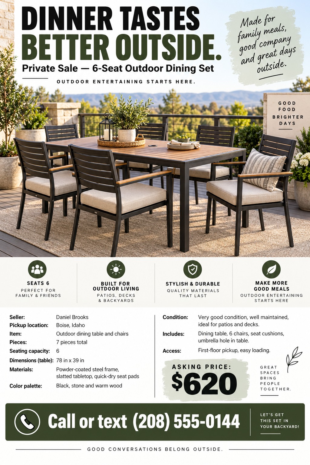 A private sale flyer for an outdoor dining set featuring a large photo of a patio table and chairs, feature icons, a detailed specifications list, and a prominent asking price and phone number.