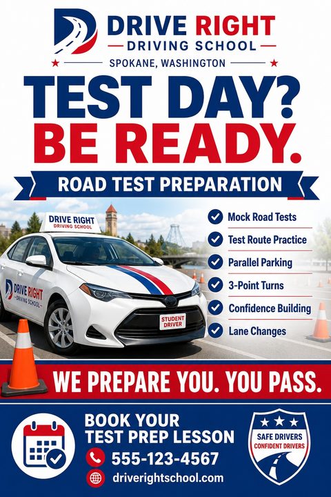 Flyer for Drive Right Driving School in Spokane, Washington. Headline reads 'Test Day? Be Ready. Road Test Preparation'. Shows a white student driver car with red and blue stripes and a list of services like mock road tests and parallel parking.