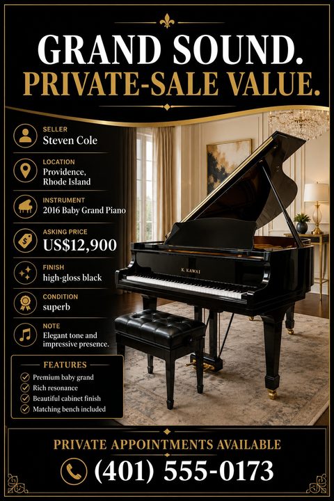 Elegant black and gold flyer for a private sale of a baby grand piano. Features a large photo of a black piano in a living room, with details like seller, location, asking price, finish, and condition listed on the left.