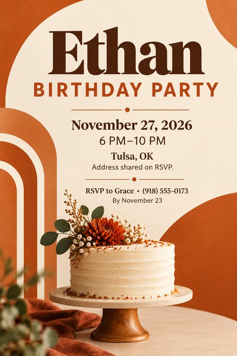 A boho-style birthday party flyer featuring retro terracotta arches and a white frosted cake decorated with a large rust-colored flower, eucalyptus, and baby's breath.