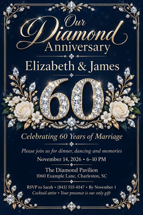 Elegant navy blue flyer with gold lettering and diamond accents. The text reads 'Our Diamond Anniversary, Elizabeth & James, 60, Celebrating 60 Years of Marriage'. It includes event details and RSVP information.