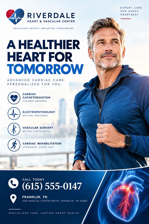 Flyer for Riverdale Heart & Vascular Center featuring a man jogging, a list of services with icons, and a 3D illustration of a heart.