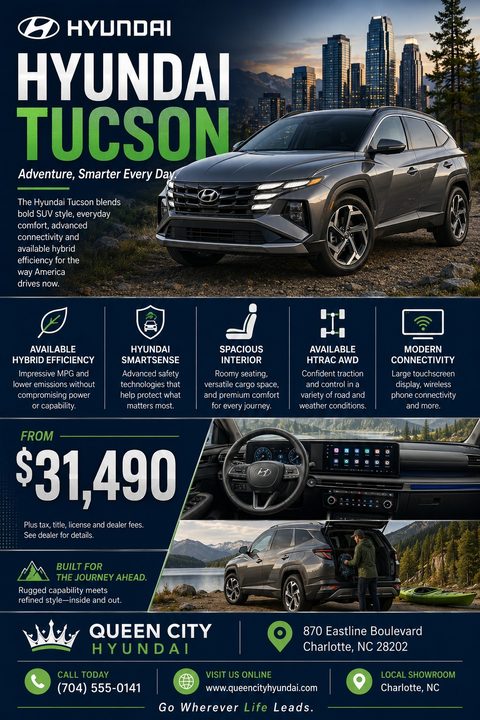 A car dealership flyer featuring a dark grey SUV parked in front of a city skyline at dusk. Below are icons highlighting features like hybrid efficiency and safety, followed by a price of $31,490 and interior/exterior photos.