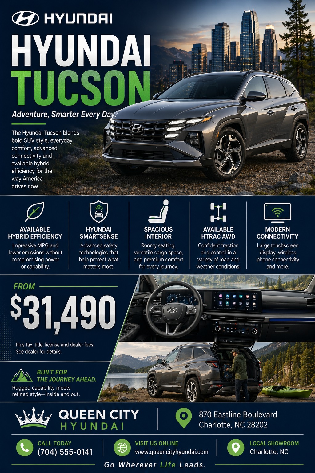 A car dealership flyer featuring a dark grey SUV parked in front of a city skyline at dusk. Below are icons highlighting features like hybrid efficiency and safety, followed by a price of $31,490 and interior/exterior photos.