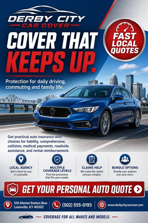 A flyer for Derby City Car Cover with a blue car driving on a highway, a red circle saying 'Fast Local Quotes', and icons for local agency, multiple coverage levels, claims help, and bundle options.