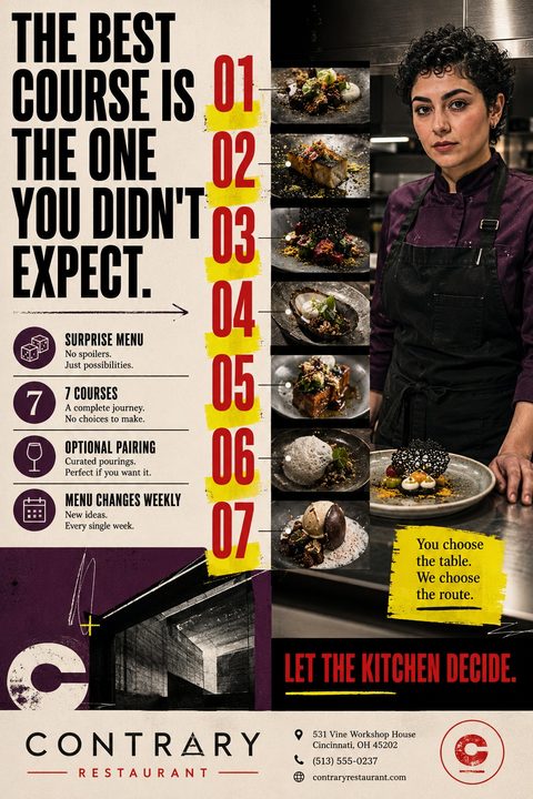 Flyer for a restaurant tasting menu. A large photo of a chef stands next to a vertical column of seven small photos showing different plated dishes, numbered 01 to 07 in red. Bold text reads 'The best course is the one you didn't expect.'