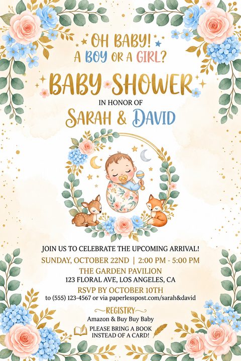 A baby shower invitation flyer with a watercolor design. It features a baby in a floral swaddle surrounded by a wreath, a deer, and a fox. The borders are decorated with pink roses, blue hydrangeas, and green leaves.