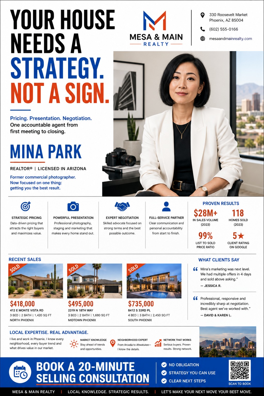 Real estate agent introduction flyer featuring a large headshot, bold headline 'Your house needs a strategy. Not a sign.', agent stats, recent sales photos, and client testimonials.