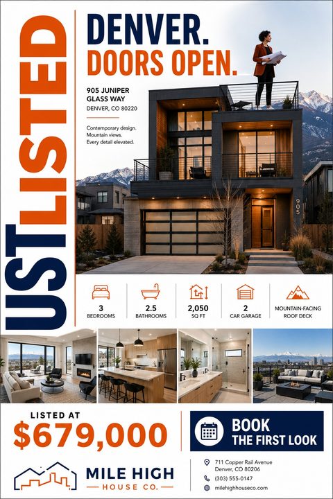 A real estate just-listed flyer featuring a large photo of a modern multi-story home, four smaller interior photos, property detail icons, and bold vertical 'JUST LISTED' text in navy and orange.