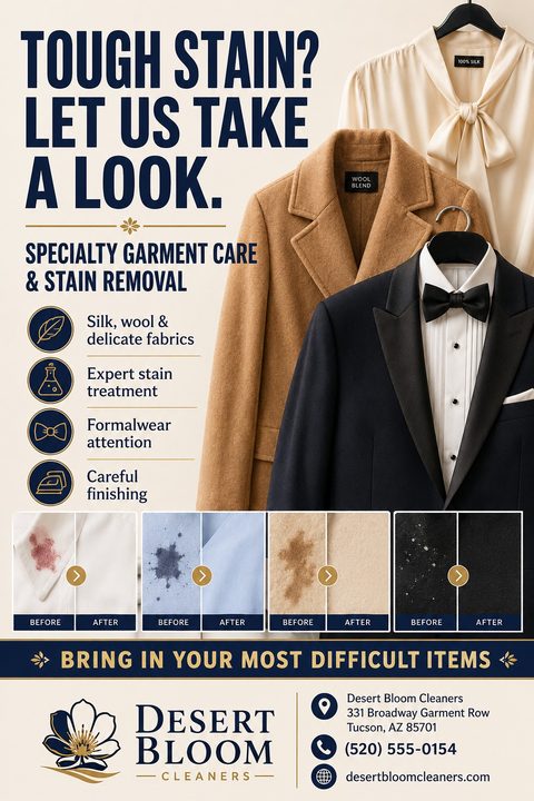 A navy and cream flyer for a dry cleaner featuring hanging formalwear, including a tuxedo and wool coat. It highlights specialty garment care with four before-and-after photos of stain removal.