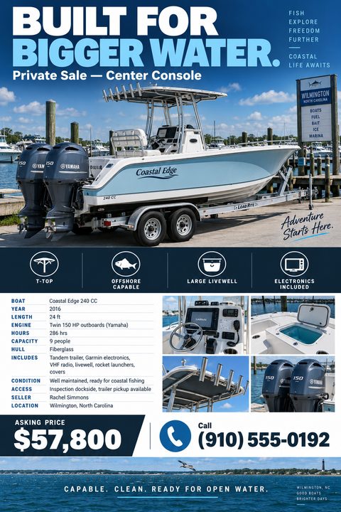 A flyer for a private boat sale. The top half features a large photo of a center console boat on a trailer at a marina. Below are icons for features, a detailed specifications table, four smaller photos of boat details, and a large asking price with.