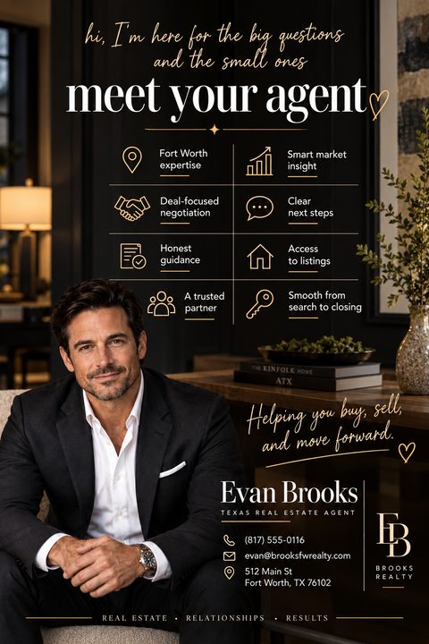 A real estate agent introduction flyer with a dark background and gold text. It features a large photo of a male agent, a list of services with icons, and contact information at the bottom.