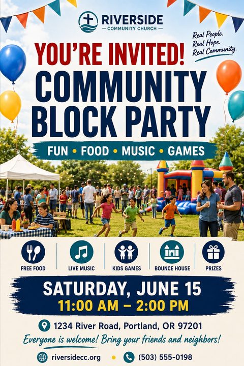 Flyer for a Community Block Party hosted by a church. Features a photo of people enjoying an outdoor event with a bounce house, tents, and balloons. Icons highlight free food, live music, kids games, bounce house, and prizes.
