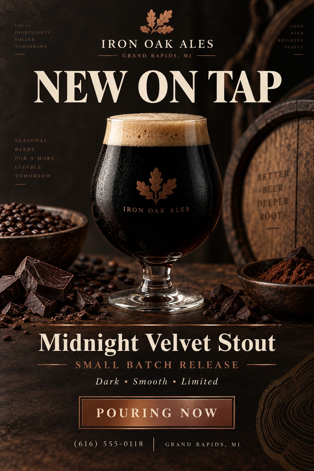 A moody, rustic flyer featuring a glass of dark stout beer surrounded by coffee beans, chocolate chunks, and a wooden barrel, with elegant cream typography.