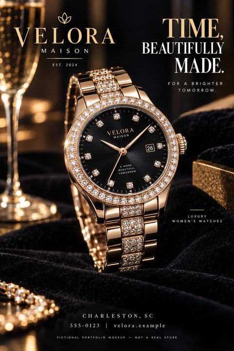 A luxury gold watch with a diamond-encrusted bezel and black dial rests on black velvet. The text reads 'Velora Maison, Time, Beautifully Made. For a brighter tomorrow. Luxury Women's Watches.'