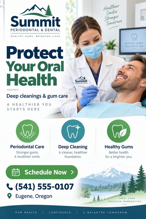 A flyer for Summit Periodontal & Dental featuring a female dentist examining a male patient. The flyer highlights services like Periodontal Care, Deep Cleaning, and Healthy Gums with icons. A 'Schedule Now' button and contact info are at the bottom.