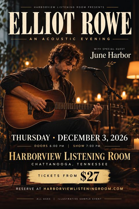 A cozy, dimly lit concert flyer featuring a man playing an acoustic guitar surrounded by candles. Elegant serif text displays the artist name, event details, and ticket information.