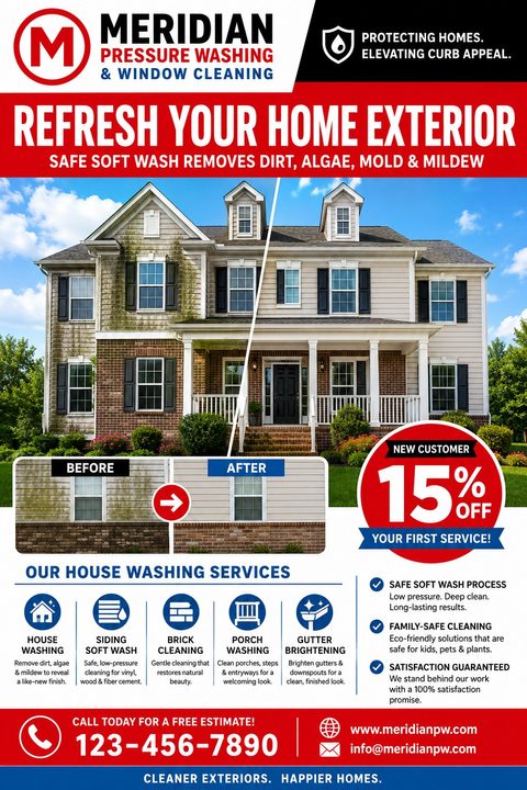A pressure washing flyer featuring a large before-and-after photo of a house exterior, a red 15% off badge, service icons, and contact information on a red, white, and blue background.
