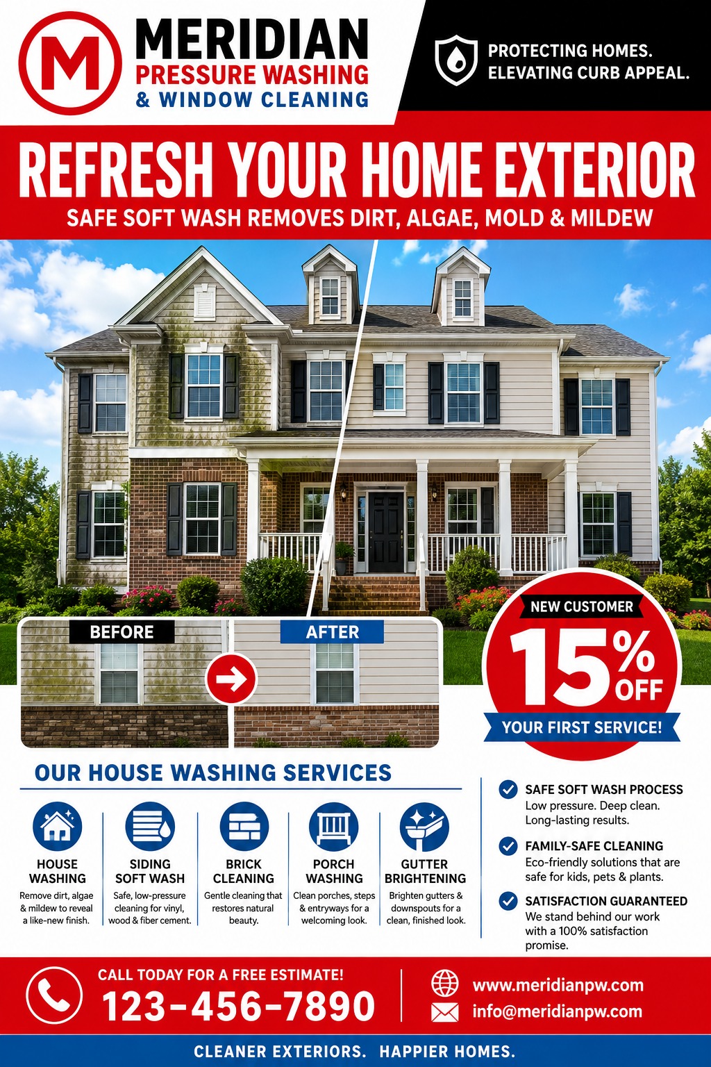 A pressure washing flyer featuring a large before-and-after photo of a house exterior, a red 15% off badge, service icons, and contact information on a red, white, and blue background.