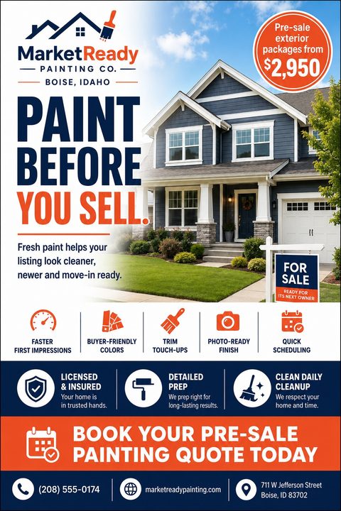 Flyer for MarketReady Painting Co. titled 'Paint Before You Sell.' Features a photo of a blue two-story house with a 'For Sale' sign, icons highlighting benefits like 'Faster First Impressions' and 'Quick Scheduling,' and a call to action to book a.