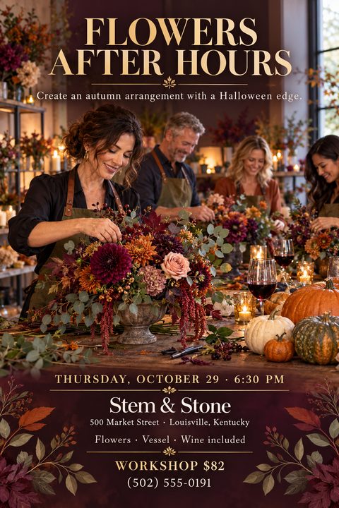 A flyer for an autumn floral workshop featuring a background photo of people arranging fall flowers and drinking wine, with elegant gold typography on a dark burgundy banner at the bottom.