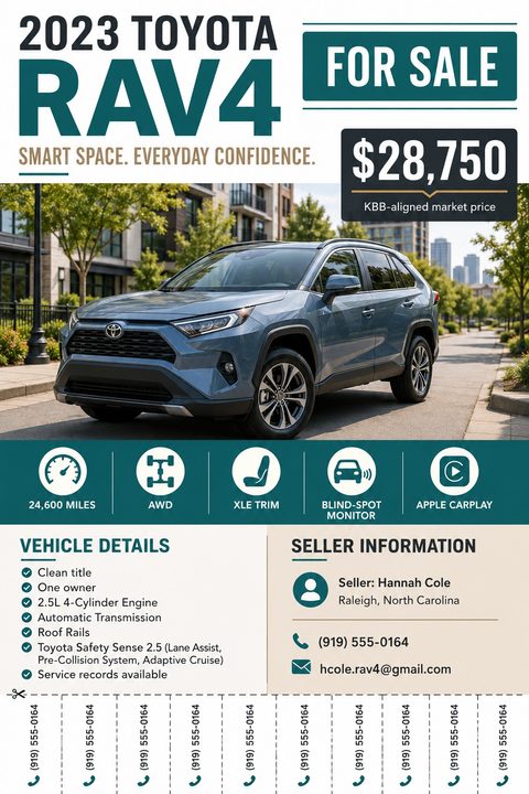 A car for sale flyer featuring a large central photo of an SUV, bold price text, a teal banner with feature icons, vehicle details, seller information, and tear-off phone number tabs at the bottom.