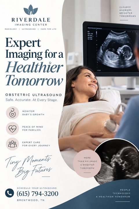 Flyer for an imaging center offering obstetric ultrasounds. Features a photo of a pregnant woman getting an ultrasound, a smaller inset photo of a baby ultrasound, and text detailing services like monitoring baby's growth and providing peace of mind.