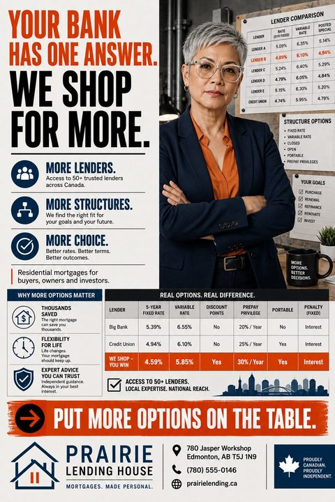 A mortgage broker flyer with a bold orange and navy color scheme. It features a professional woman, comparison tables showing different lender rates, and the headline 'Your bank has one answer. We shop for more.'