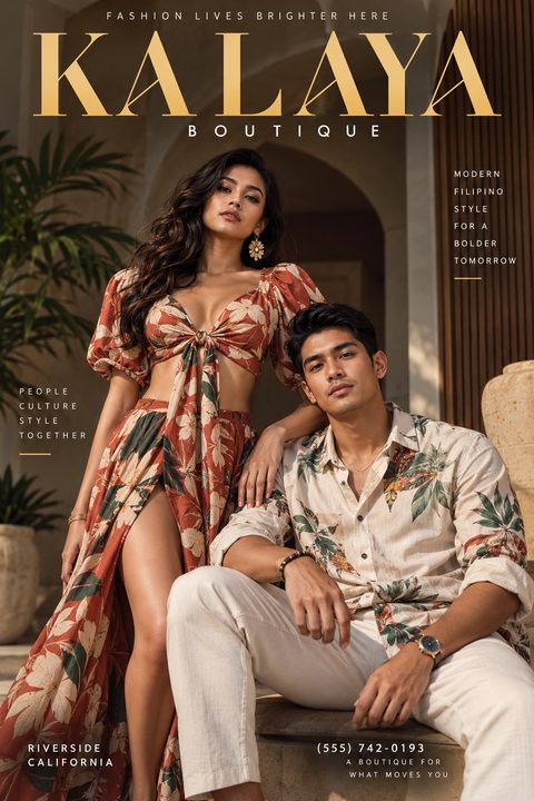 A fashion boutique flyer featuring a man and woman in stylish, tropical-patterned clothing. The text 'KALAYA BOUTIQUE' is in a large, elegant gold serif font at the top.