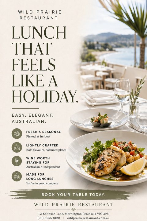 Flyer for a restaurant lunch featuring a photo of a beautifully plated fish dish and a glass of white wine on a table overlooking a coastal view. Text reads 'Lunch that feels like a holiday. Easy, elegant, Australian.' with icons highlighting fresh.