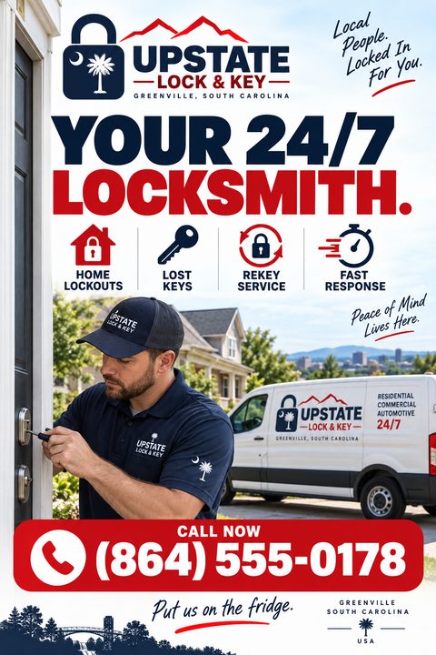 A bold red, white, and navy flyer for a 24/7 locksmith service. It features icons for home lockouts, lost keys, and rekeying, above a photo of a locksmith working on a front door lock.
