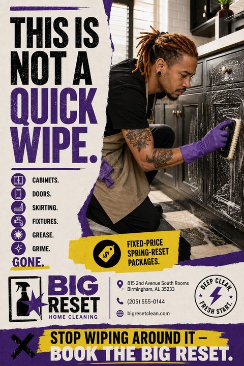 Flyer for a deep cleaning service featuring a man scrubbing kitchen cabinets. Text reads 'This is not a quick wipe.' with a list of services like cabinets, doors, and grease removal.
