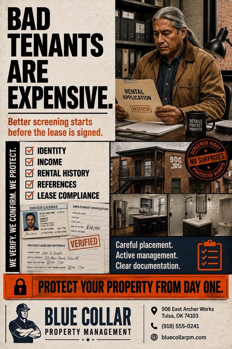 Property management flyer with the headline 'Bad Tenants Are Expensive.' Features a photo of a man reviewing a rental application, a checklist of screening criteria, sample verification documents, and property photos.