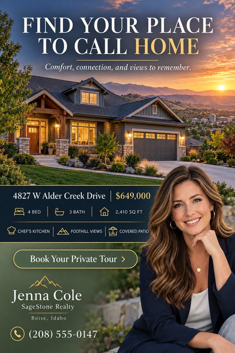 Real estate flyer featuring a large sunset photo of a suburban home, a dark blue banner with property details and gold icons, and a prominent portrait of a female real estate agent.